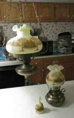 FENTON MATCHING HANGING & TABLE LAMP w/BELL SET - CUSTARD CABIN IN WOODS (85B)