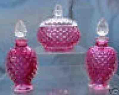 Matching Set of Vintage Pink Glass Powder Pot and Perfume 