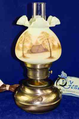 Fenton Satin Custard Hand Painted Log Cabin Hammered Brass Colonial Lamp Signed