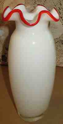 RARE Fenton Flame Crest Vase 1963 Milk Glass Colonial Orange Red Ruffled Edge