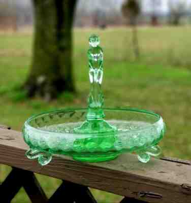 Rare Fenton Transparent Green September Morn Nymph with Frog and Dolphin Bowl