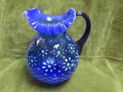 Fenton Blue Rib Optic Lemonade Pitcher With Lid and 4 Glasses 