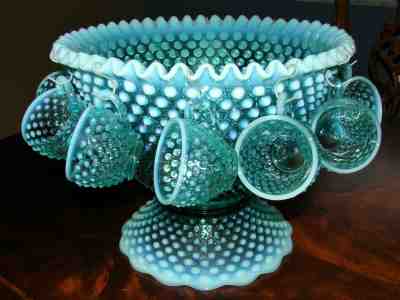 RARE VINTAGE FENTON AQUA OPAL HOBNAIL CRE PUNCH BOWL, BASE & 12 CUPS