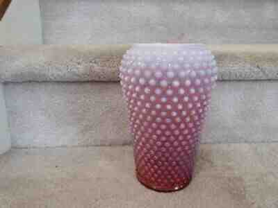 RARE CUPPED RIM VINTAGE FENTON Cranberry Opalescent Hobnail Vase 8.5