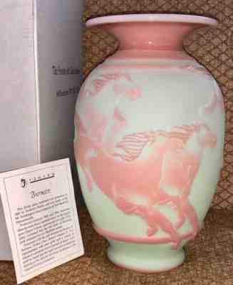 Fenton Kelsey Murphy Cameo Burmese Sand Carved Lotus Mist Vase Galloping Horses