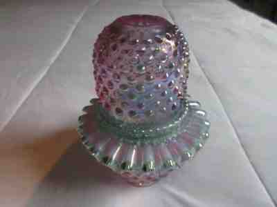 Fenton Glass 3 Piece Iridescent Carnival Hobnail Violet Green Fairy Lamp Signed