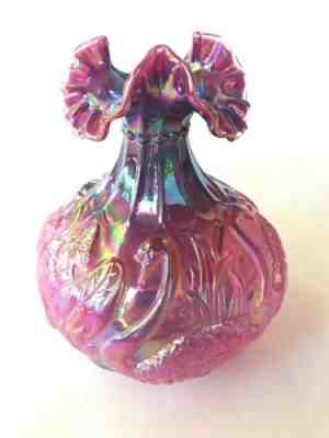 Fenton Glass PLUM CARNIVAL GLASS Swan Vase Swans Lillies