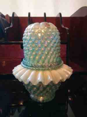 FENTON HOBNAIL OPALESCENT PASTEL GREEN IRIDESCENT Swirl 4 PIECE FAIRY LIGHT LAMP