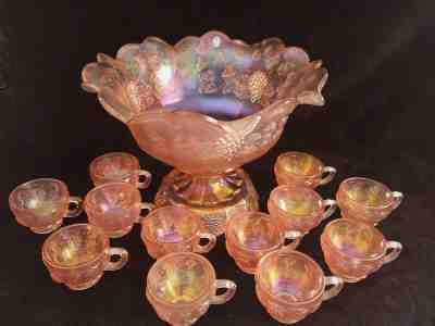 Fenton PANELED GRAPE Pink Sunset Stretch CARNIVAL Punch Bowl Set & 12 cups 4601