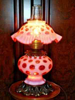 FENTON RARE AND OLD CRANBERRY COIN DOT OPALESCENT LAMP FROM ESTATE