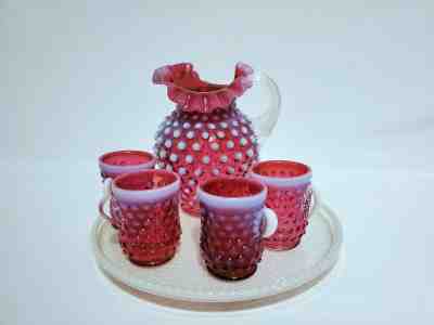 Fenton Cranberry Opalescent Hobnail Miniature Child Set - Dores Lechner