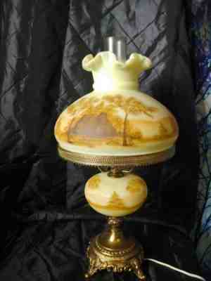 Fenton Log Cabin Lamp on Custard Uranium Glass 