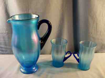 Fenton Celeste Blue Stretch Glass Water Set Pitcher & 2 Tumblers Cobalt Handles