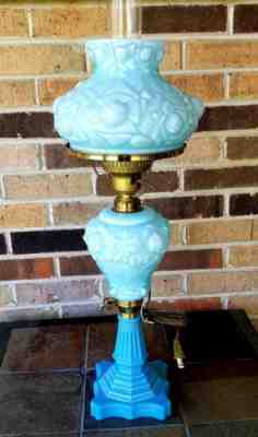 Fenton Cabbage Rose Blue Overlay Student Lamp