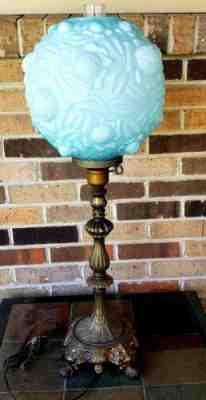 Fenton Cabbage Rose Blue Overlay Banquet Lamp (1/2)