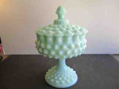 VTG Fenton Blue Milk Glass Hobnail Pattern Covered Candy Dish Set