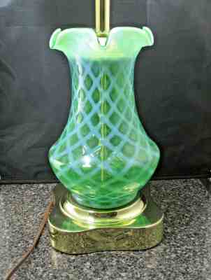 50s VTG Fenton RARE Green  Diamond Optic Trellis Art Glass Table Lamp