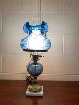 Fenton Blue Colonial Cabbage Rose Student Table Lamp Marble Base