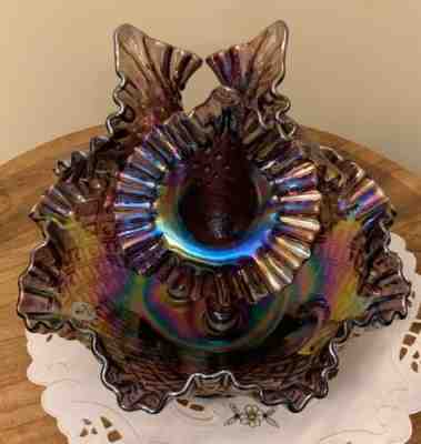 FENTON ART GLASS, IRRIDESCENT, VIOLET, PINK GREEN DIAMOND LACE, 3 TULIP EPERGNE