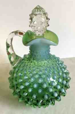 FENTON GREEN OPALESCENT HOBNAIL  HANDLED GLASS CRUET 