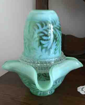 FENTON GREEN VASELINE OPALESCENT FERN FAIRY LAMP 