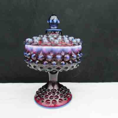 Fenton Plum Opalescent Hobnail Covered Candy Dish W1633