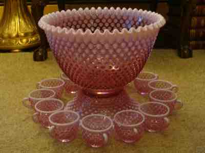 Punch Set Fenton Rose Magnolia Opalescent Hobnail Punch Bowl & Base 12 cups RARE