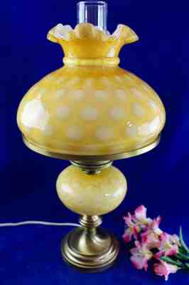 Fenton Honey Amber Honeysuckle Coin Dot Overlay Student Lamp 1976