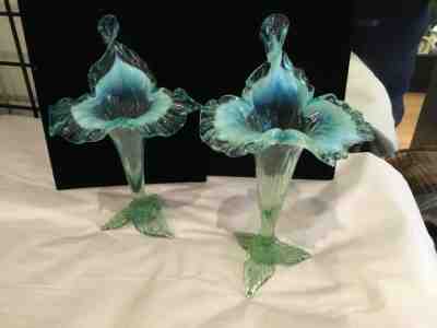 RARE  VINTAGE PAIR OF FENTON GREEN OPALESCENT JACK IN THE PULPIT VASES NO RES