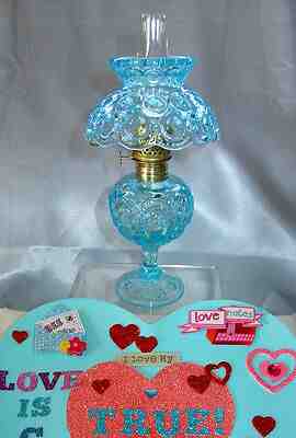 FENTON GLASS/LG WRIGHT SRC 1950s MOON&STARS BLUE MINIATURE OIL LAMP.