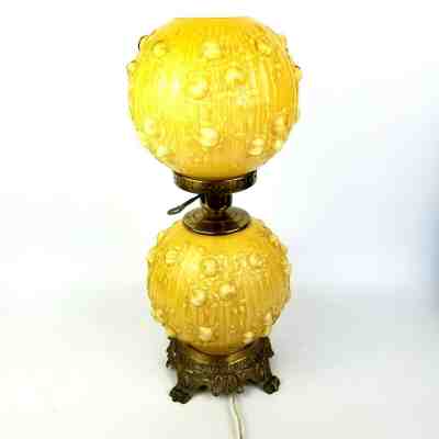 Fenton Lamp Cabbage Rose GWTW Yellow Overlay Cased Glass Honey Amber