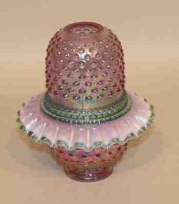 Shelley Fenton Glass Lavender Carnival Green Crest Hobnail 3 Piece Fairy Lamp