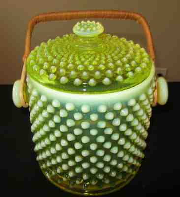 RARE Fenton Hobnail Topaz Opalescent Vaseline Cookie Jar # 389 Exc Condition