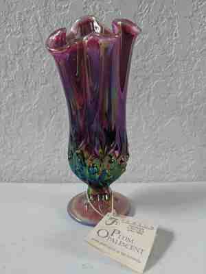 RARE Vintage FENTON LILY OF The VALLEY PLUM OPALESCENT Handkerchief VASE 8