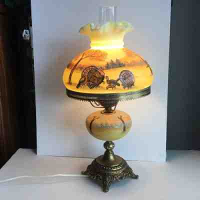 Fenton Custard Lamp by Marilyn Wagner, Turkeys, Deer, Hunter cabin one of a kind