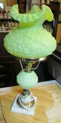 VINTAGE SATIN GLASS FENTON LIME GREEN POPPY STUDENT LAMP w Marble Base  