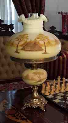 Fenton Vaseline Lamp Victorian Log Cabin on Custard Glass Student Made in USA