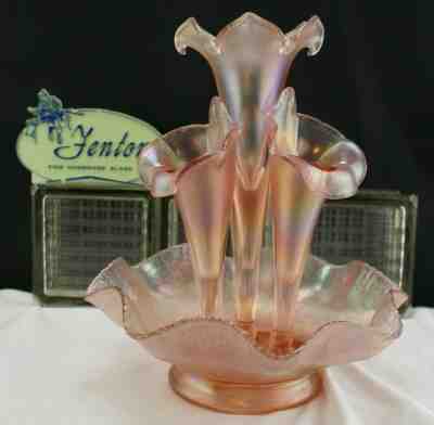 Fenton 4 Horn Vase Epergne Pink/Velva Rose Iridescent Stretch Glass 75th