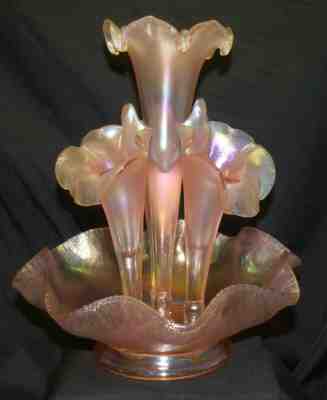 Vtg Lg Fenton 4 Horn Vase Epergne Pink Iridescent Stretch Glass 75th Anniversary