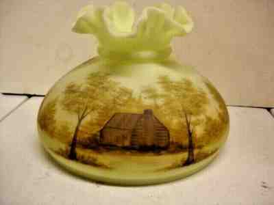 Fenton Satin Custard glass Hand Painted sign by ARTIST Log Cabin Scene Lamp sha