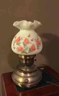 FENTON Glass Hand Painted Satin Roses LAMP w/hurricane glass 1980 gorgeous!  