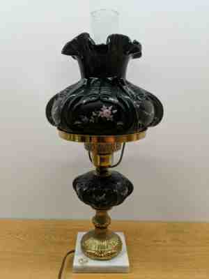 RARE!! VINTAGE FENTON HAND PAINTED BLACK AMETHYST ROSE FLOWER ELECTRIC LAMP