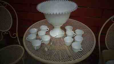 Milk Glass Punch Bowl Set with Cups and Stand. White Glass Bowl