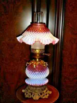 FENTON RARE AND OLD CRANBERRY HOBNAIL OPALESCENT LAMP FROM ESTATE, GWTW