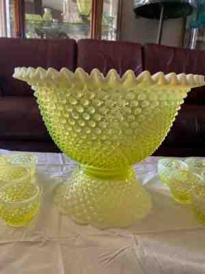 Fenton Hobnail Topaz Vaseline Punchbowl With 12 Cups SUPER RARE!