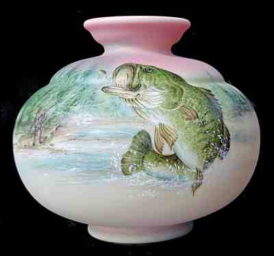 Fenton Art Glass OOAK Bass Painted on Burmese Vase by Michelle Kibbe