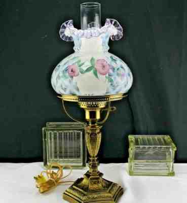 Fenton Glass French Opalescent Trellis Pink Rose Gone With The Wind Table Lamp