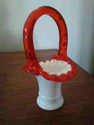 RARE Fenton #37 Red Flame Crest on Milk Glass Mini Miniature Basket 4 1/2" tall