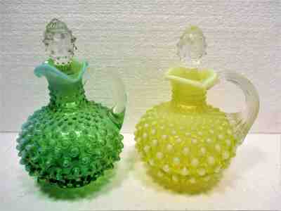 2 FENTON OPALESCENT HOBNAIL CRUETS, VASELINE & GREEN, MINT, HANDLES DIFFERENT