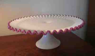 RARE MCM 1960-1961 Fenton Pink White Apple Blossom Crest Pedestal Cake Stand 